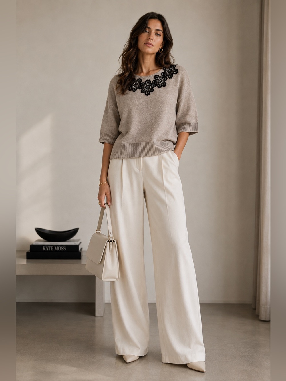 Etro Beige Crewneck Sweater with Black Floral Appliqué
